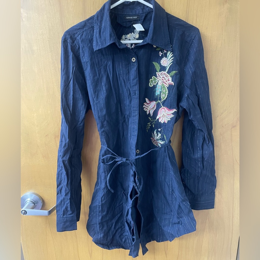 COMO NO? Womens Long Sleeve mini Dress Tunic Top Blue Silver Embroidered SZ XL